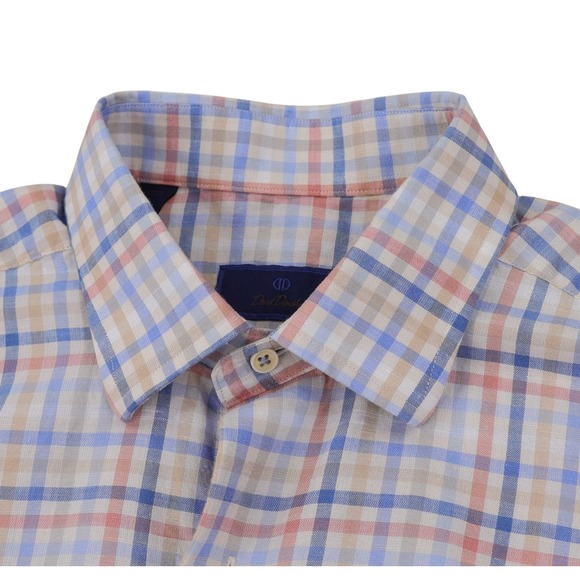 David Donahue Other - David Donahue Shirt Mens Medium Blue Pink Tan‎ Plaid Short Sleeve Linen Blend